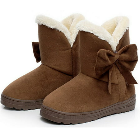 DYMADE Women's Bowtie Suede Leather Fur Lining Winter Boots Platform Fur Plush Ankle