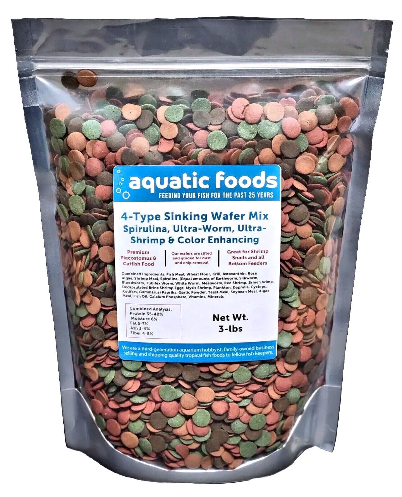 4-Type Mix of 1/2" Sinking Wafers of Spirulina-Algae Wafers, 6-Type Worm Wafers, 10-Type Shrimp Wafer, Intense Color Enhancing Wafers for Shrimp, Snails, Crayfish, Crabs, all Tropical Fish...3-lb Bag