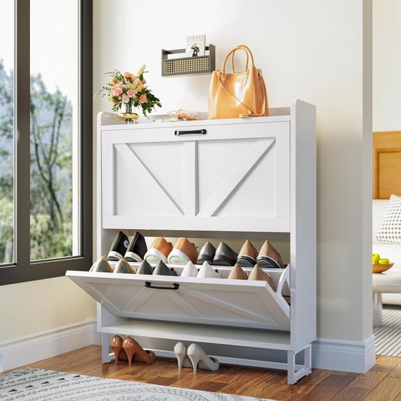 Shoe Cabinet Storage for Entryway Slim, Narrow Shoe Rack Cabinet with 2 Flip Drawers, Farmhouse Hidden Shoe Organizer Cabinet with Metal Legs & Adjustable Pads, White