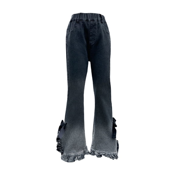 CPNG Kids Girls Denim Flare Jeans Elastic High Waist Gradient Color Bow Ruffle Hem Trendy Streetwear Bell Bottom Jeans(Black,5-6 Years)