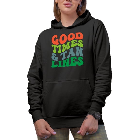 Good Times & Tan Lines, Summer, Ocean, Sea or Beach Themed, Groovy Retro Wavy Text Merch Gift, Black Hooded Sweatshirt or Hoodie, Small