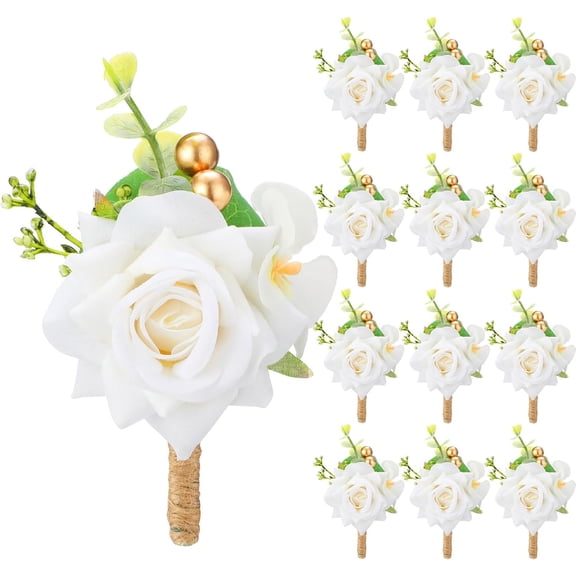 12 Pcs Boutonniere for Men Fall Wedding Decor Boutonniere Corsage Set with Pin for Fall Party Western Wedding Anniversary Dinner Groom Groomsmen (White)