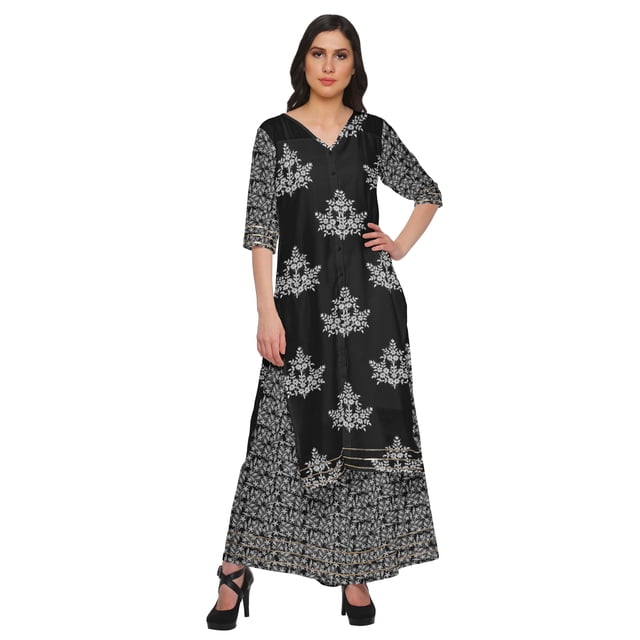 Moomaya Kurta Imprimée Col en V et Pantalon Palazzo Ensemble Robe Ethnique pour Femmes