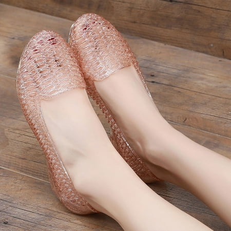 

YanHoo Clearance Women s Beach Jelly Dressy Shoes Slip On Crystal Summer Soft Hollow Ballet Flats