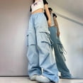 thumbnail image 2 of CIENVNSTG Loose Fit Baggy Casual Women Cargo Pants High Waisted Solid Color Drawstring Wide Leg Soft Comfy Y2K Streetwear Palazzo Trousers For Daily Casual Daily Wear Light Blue L, 2 of 5