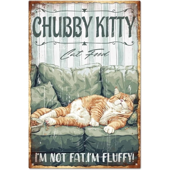 Vintage Fat Cat Metal Tin Sign 8×12inch Retro Chubby Kitty Funny Tin Room Door Sign Tin Painting Art Plaque Poster Wall Decor for Home Club Decoration