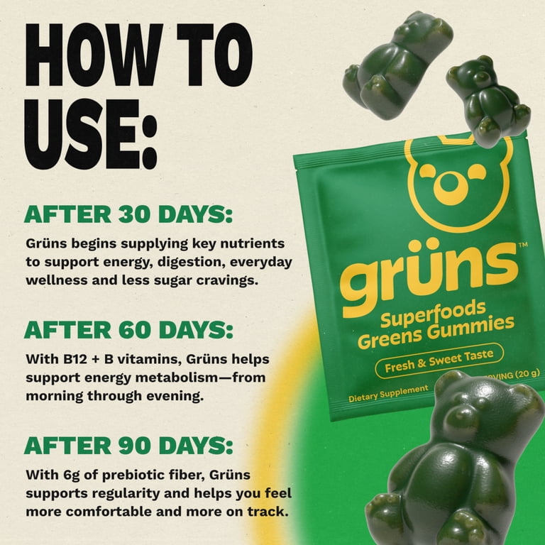 Gruns Superfood Multivitamin Greens Gummies with Prebiotic Fiber for Adults, 12 Count