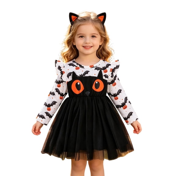 Weebloom Halloween Toddler Girls Dresses Tutu Bat Dress Up Party Long Sleeve Stage Performance Outfit Clothes Girl Dress White 2-3 Years