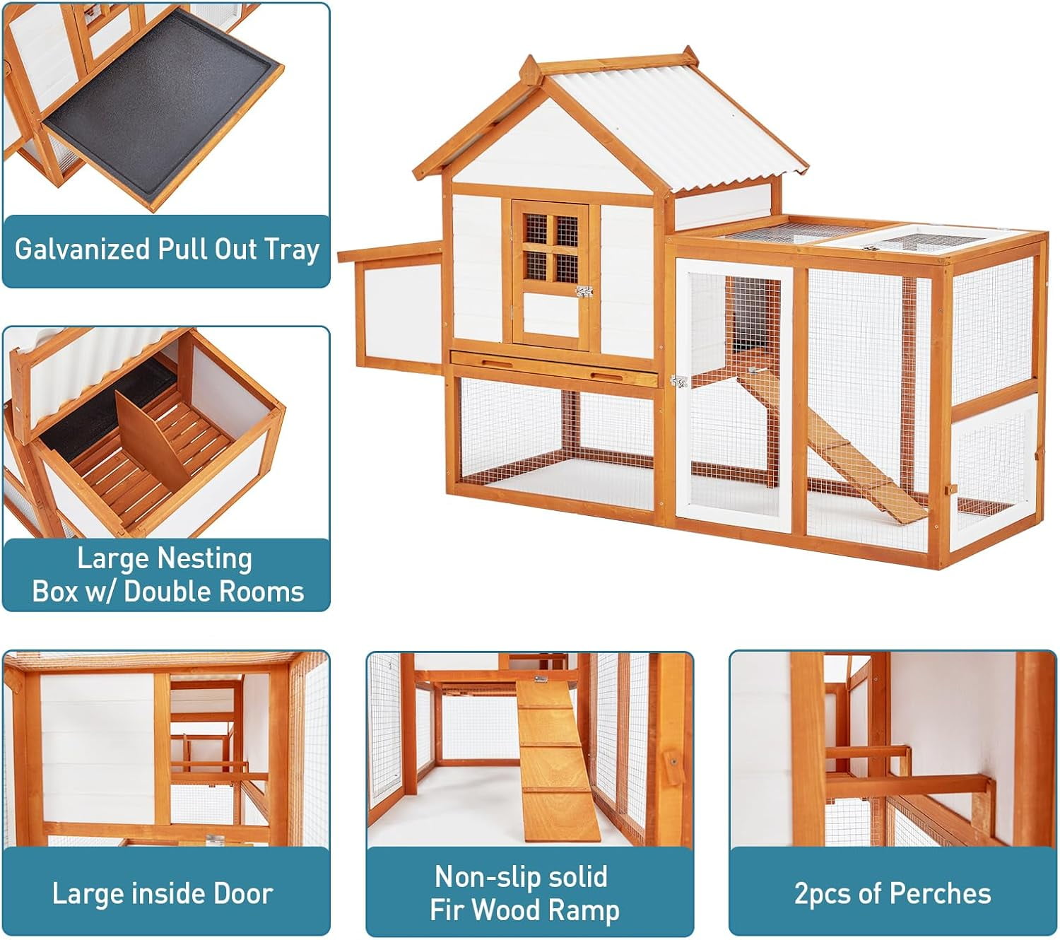 Acekid 2 Tier Wooden Rabbit Hutch with Waterproof Roof & Outdoor Run, Spacious Cage for Rabbits & Small Pets, Orange
