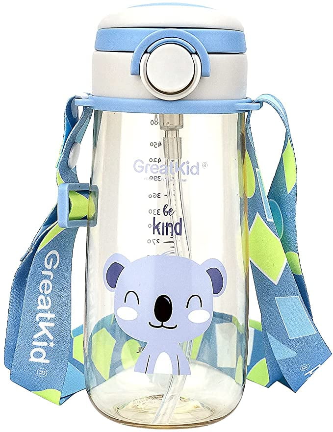 Greatkid 16oz Kids Sport Water Bottle with Straw,Reusable Bottle with  Handle and Shoulder Strap,Leak-Proof Locking Cap,Suitable Toddlers for