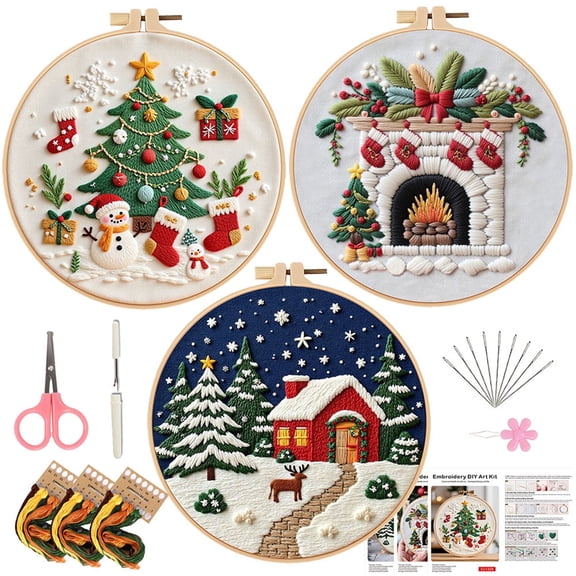Christmas Embroidery Kit For Beginners, Xmas Tree & Village Cross Stitch Supplies With Pattern Hoop Needle Threads Scissors, DIY Craft For Adults