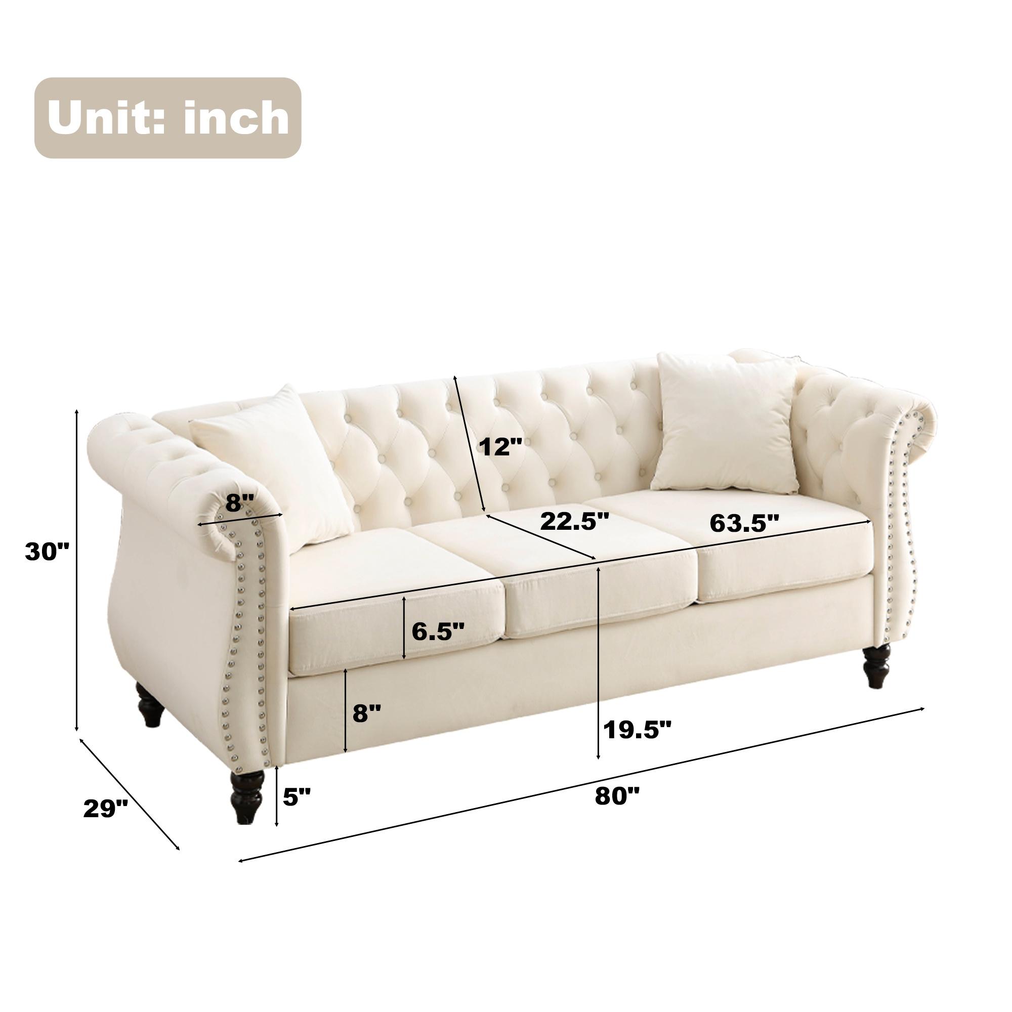 FURNINEST Living Room Sofa Furniture, Mid-Century 3-Seat Couches and Sofas, Velvet Upholstered Sofa Sofa with 2 Pillows and Wood Legs, Velvet Sofa for Living Room Bedroom, 80"L x 29"W x 30"H, Beige