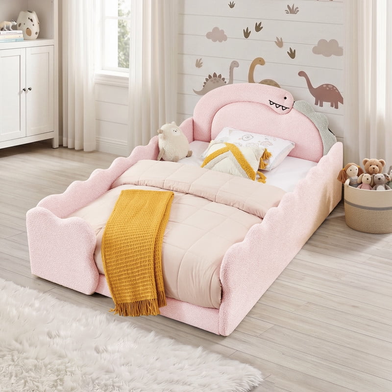 Avobird Full Size Cute Dinosaur-Shaped Kids Bed with Safety Guardraild, Solid Wood Toddler Bed Frame for Children for Bedroom, Boucle Fabric, Pink