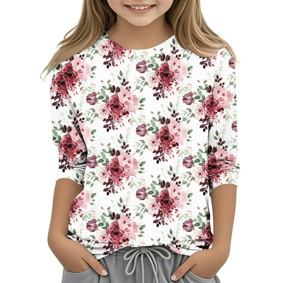 Kids 3/4 Sleeve Shirt Flower Print Tshirt Shirts Loose Fitting Tee Shirts Vintage Printed Shirts Kids T Shirt