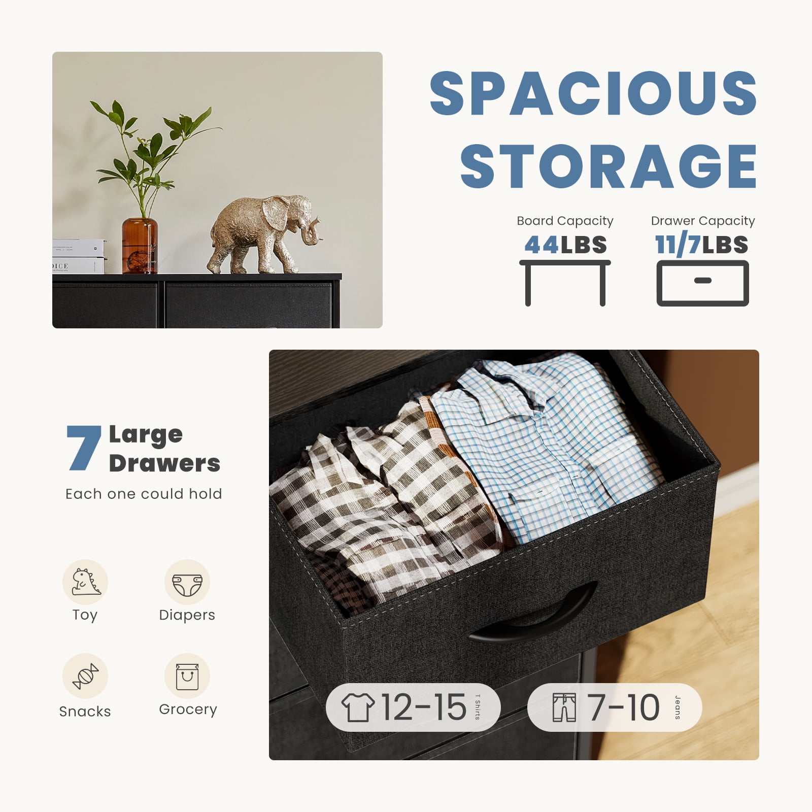 MAYEERTY 7-Drawer Fabric Storage Tower, Versatile Organizer with Wood Top for Bedroom, Living Room, Black