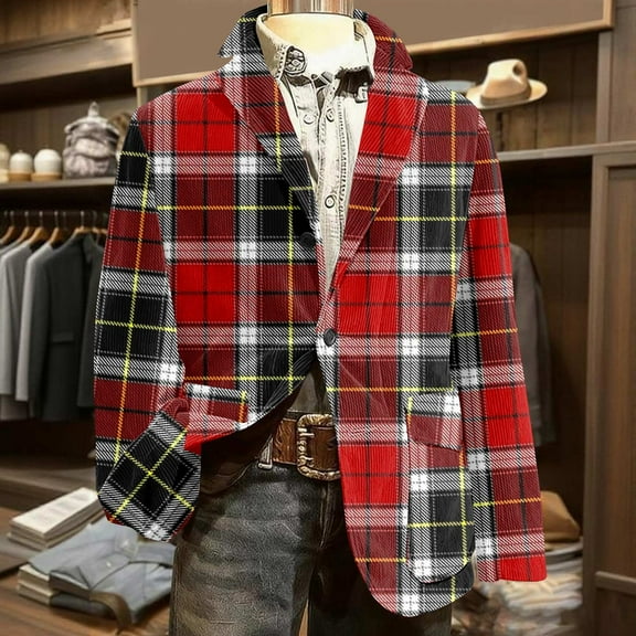 Kixjoy Men's Sport Coats & Blazers Big and Tall Button Down Fashion Blazers Long Sleeve Regular Fit Winter Suit Jackets Casual Plaid Lightweight Mens Jacket with Pockets, Red M