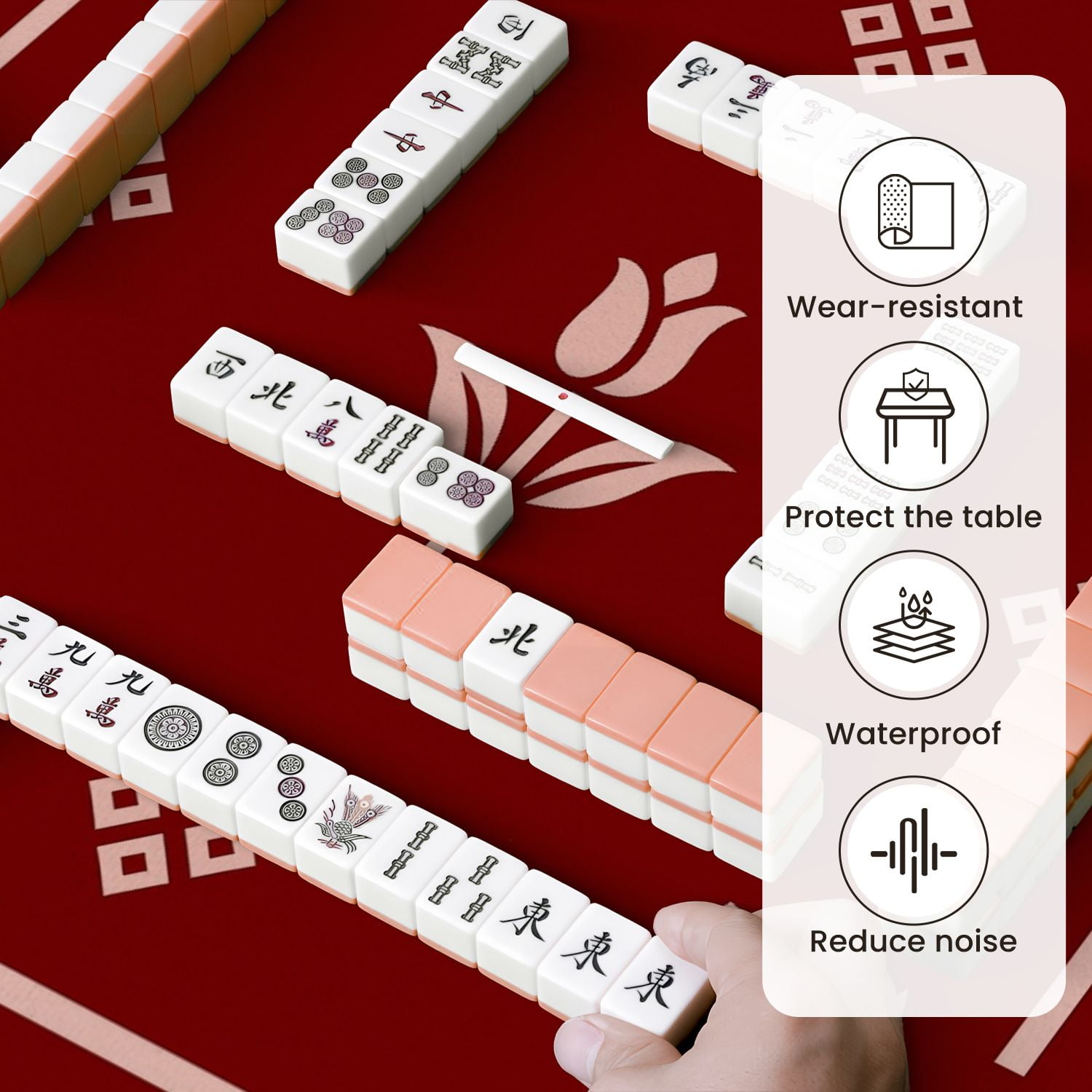 Mahjong Mat 31.5" x 31.5" Elegant Floral Tulip Motif Deep Red Anti-Slip and Noise Reduction Symmetry Design Mahjong Tiles Table Cover for Dominoes Poker Card Board and Tile Games