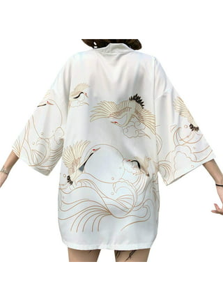 HAORUN Men Japanese Crane Printed Yukata Kimono Haori Coat Shirt 3