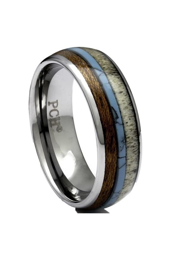 Deer Antler Ring Wedding Band Tungsten with Turquoise Koa Wood 8mm Comfort Fit 7-13 (9)