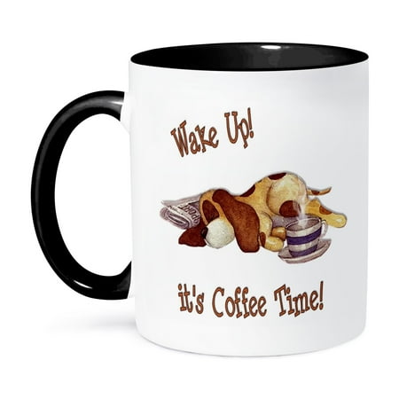 3dRose, Sleeping spotted dog on a newspaper with a cup of coffee , great gift for coffee and dog owners, 11oz Two-Tone Black Mug