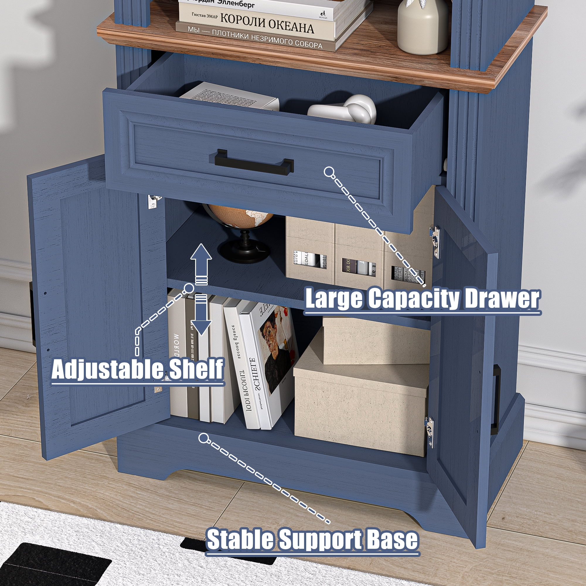 HARIPUL 72" Tall Bookcase Floor Standing with Drawer and Door, 6 Tier Wooden Storage Bookshelf for Living Room Home Office, Vintage Blue