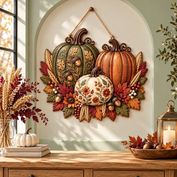 Harvest Pumpkin Arrangement Wooden Door Sign for Thanksgiving Entryway Decor