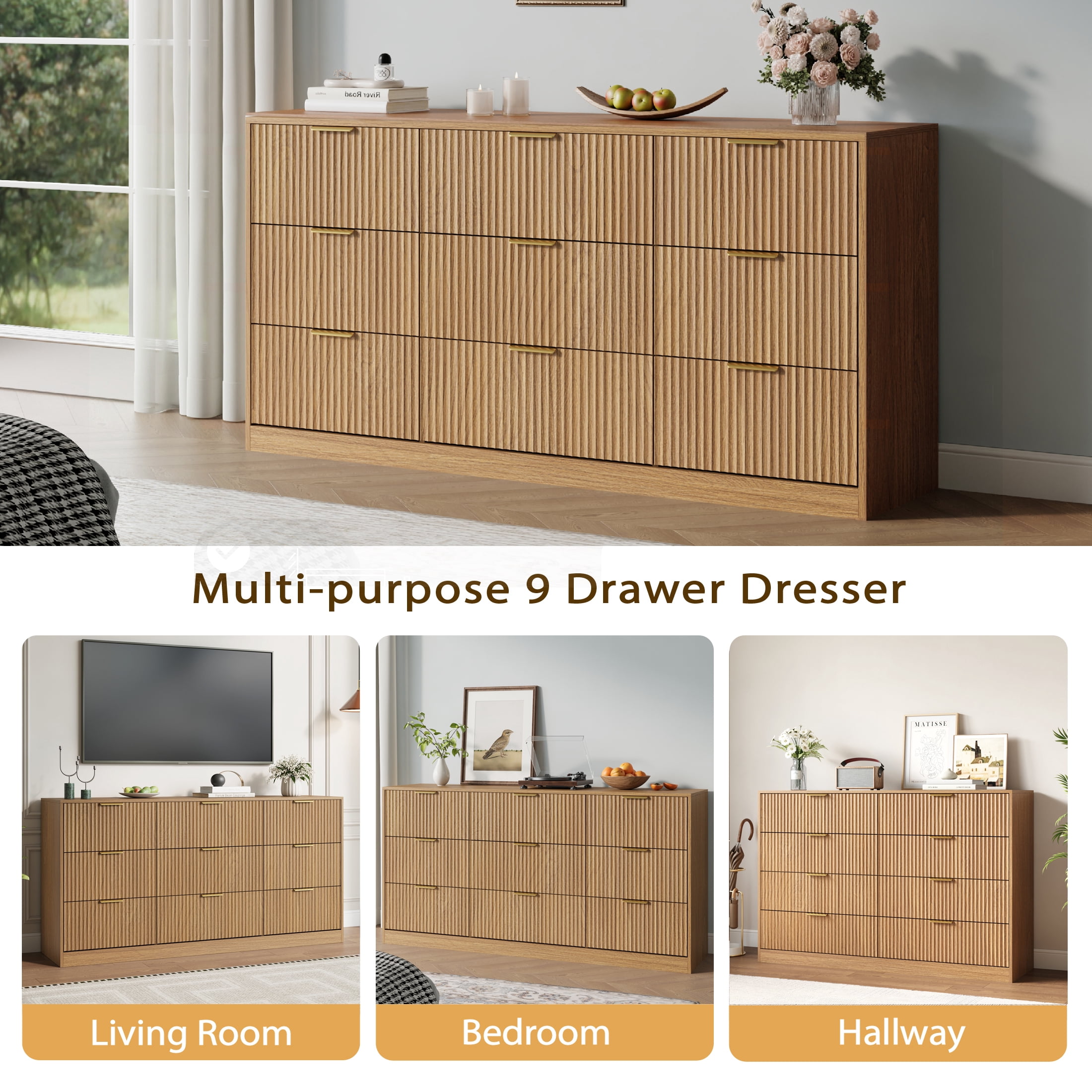 YouTrend Burlywood 9 Drawer Dresser for Bedroom,Modern Adult Fluted Wood Chest of Drawer with Golden Embedded Handles for Living Room,Hallway