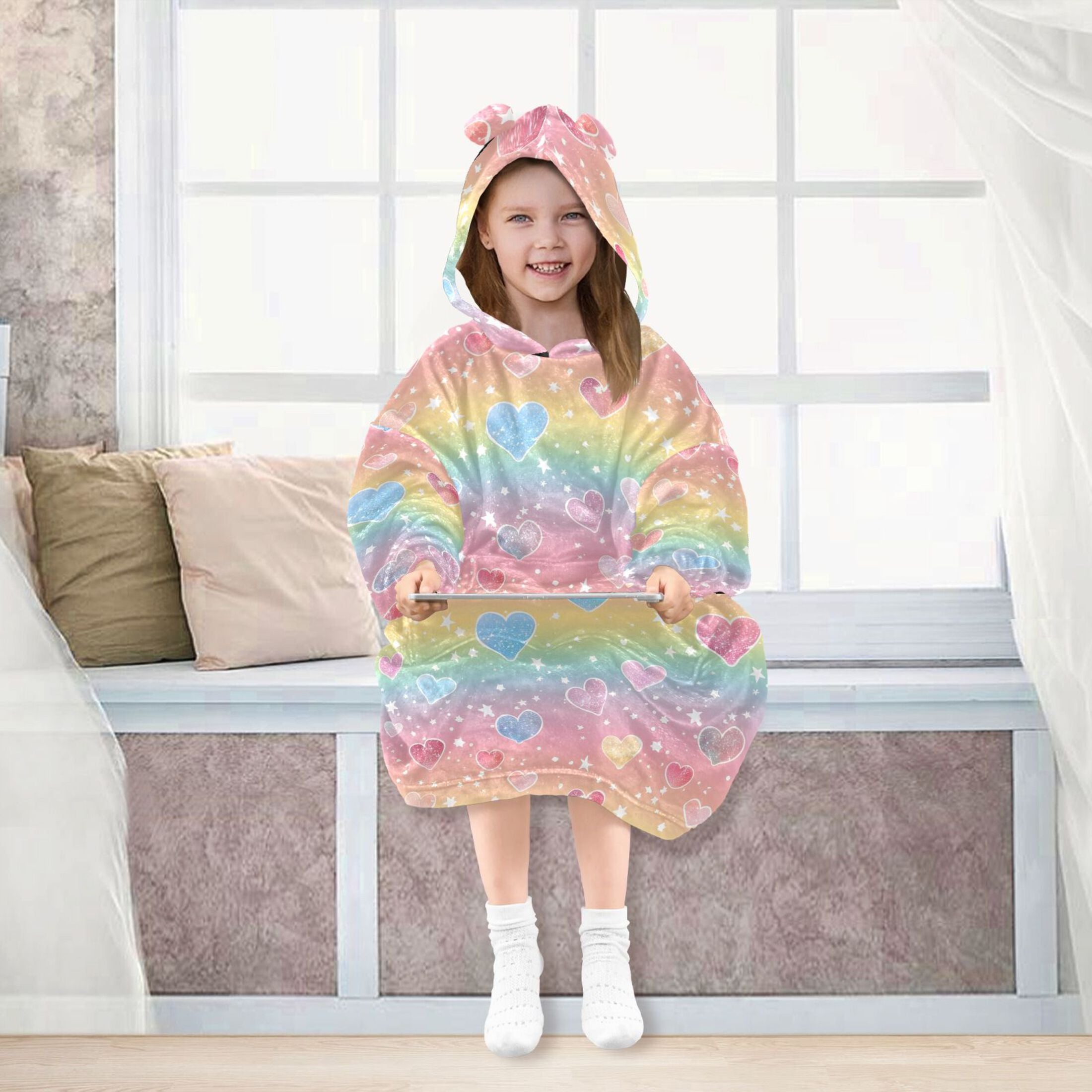 Dailycode Wearable Blanket Hoodie Oversized Sherpa Flannel Blankets with Pocket for 3-14 Year Old Rainbow Hearts