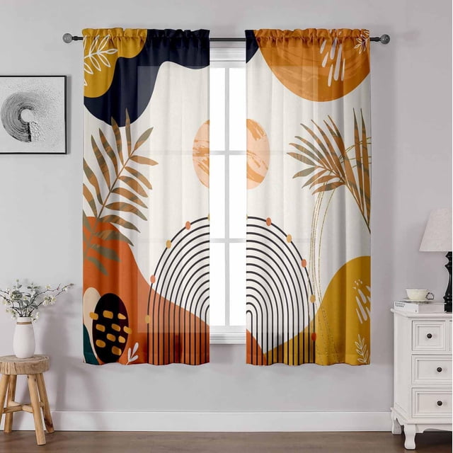 Boho Curtains 63 Inch Length Mid Century Light Filtering Curtains for Living Room Orange Abstract Leaves Dining Room Curtain Rainbow Modern Geometric Kitchen Curtain Colorful Window Drape 2 Panels