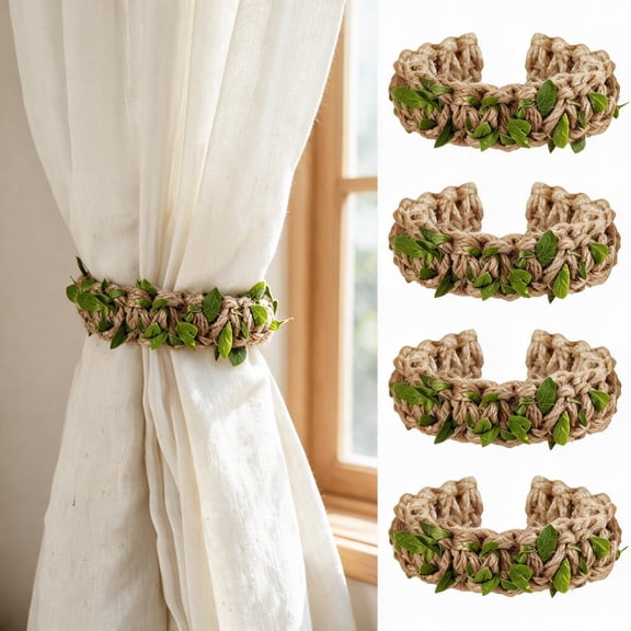 Yellow Woven Leaf Jute Curtain Tiebacks 4 Pack Decorative Adjustable Ties Holders for Home Bedroom Outdoor Office