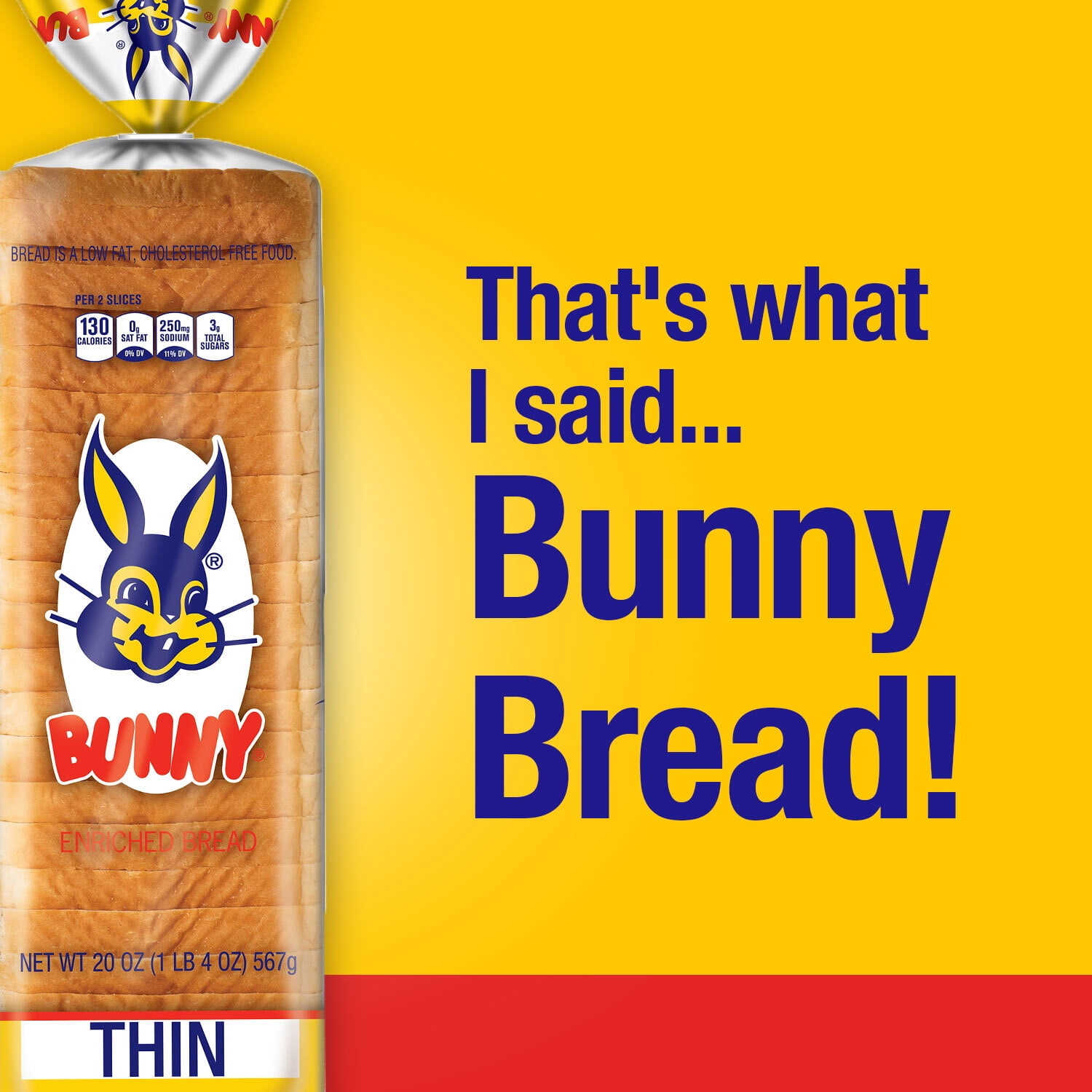 Bunny Bread Thin Sliced, Enriched Sliced White Bread, 20 oz Loaf