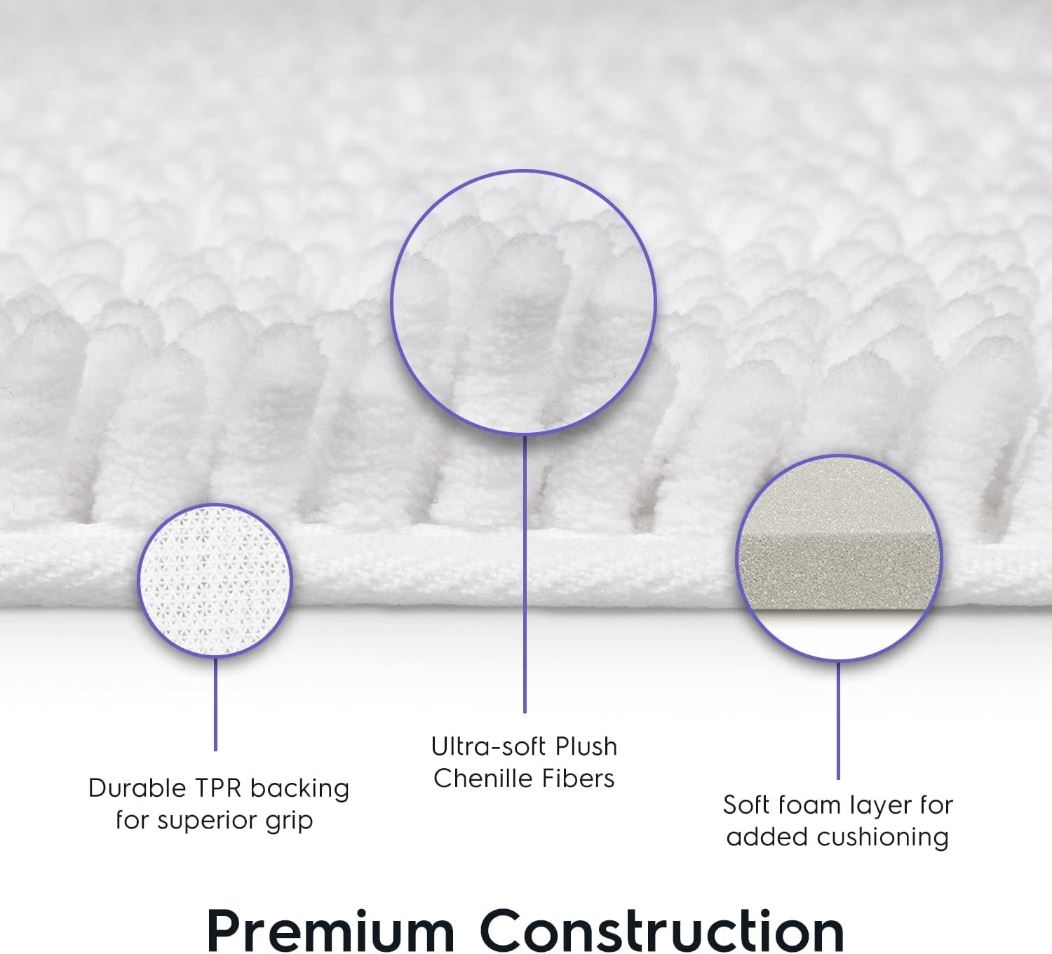 Bathroom Rugs, Extra-Thick Memory Foam Bath Mat, Ultra-Soft Chenille Microfiber, Highly Absorbent, Machine Washable, Shaggy Bath Mats for Bathroom, Non-Slip (21x32 + 20x22, 2pcs) White