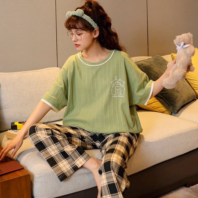 Pijamas finos de verano para mujer, pantalones holgados informales de manga corta, traje de verano para exteriores, ropa de algodón para el hogar