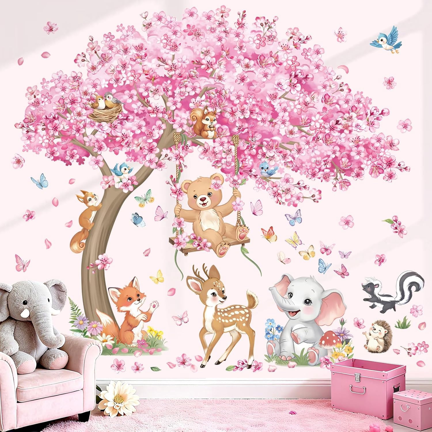 Large Cherry Blossom Tree Wall Stickers Woodland Animals Bear Deer Pink Flower Wall Decals Baby Nursery Kids Bedroom Living Room Home Decor