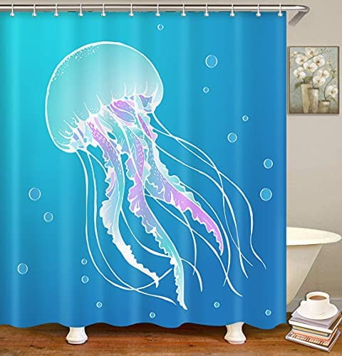 72x72'' Sea Jellyfish Shower Curtain Fabric Bathroom Waterproof & 12 Hooks 