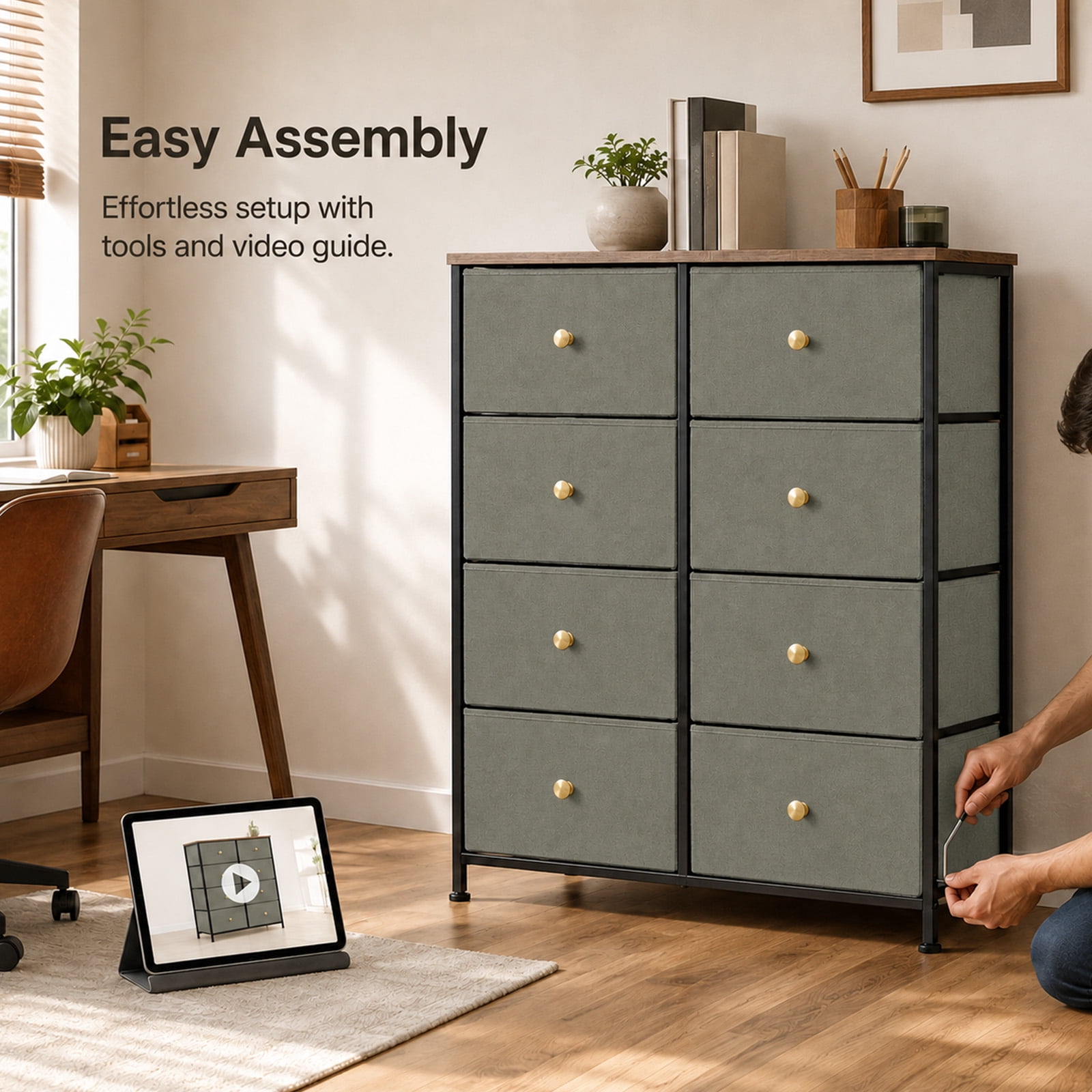 Alvantor 8 Drawer Fabric Dresser, Storage Tower for Bedroom and Closet, Chest of Drawers with Sturdy Steel Frame & Wooden Top for Living Room, Entryway