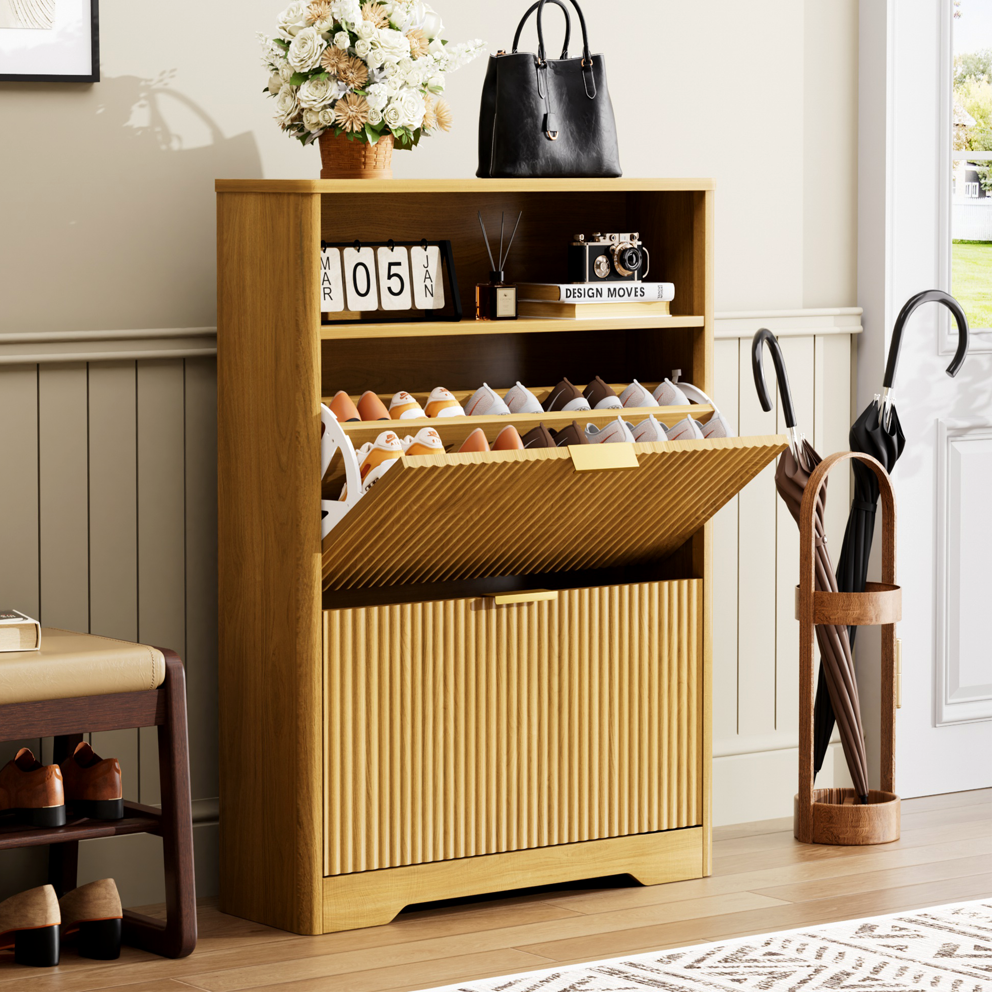 Jopath Shoe Cabinet,Entryway Hidden Shoes Storage Cabinet with 2 Flip Drawers,Tall Free Standing Shoe Organizer Rack for Foyer,Hallway Natural