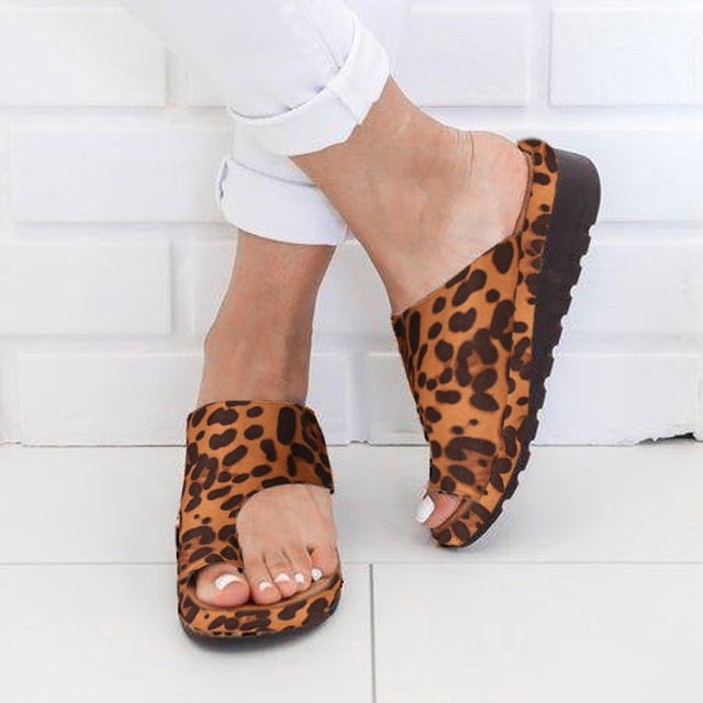DPTALR Womens Flats Leopard Wedges Open Toe Beach Shoes Roman Slippers Sandals