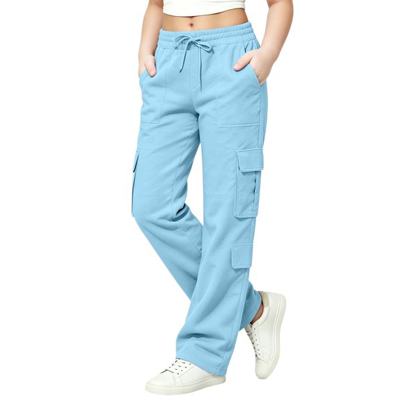 CPNG Girls Cargo Pants Solid Color Elastic Waist Wide Leg Cargo Sweatpants Baggy Casual Streetwear Cargo Trousers with Multi-Pockets