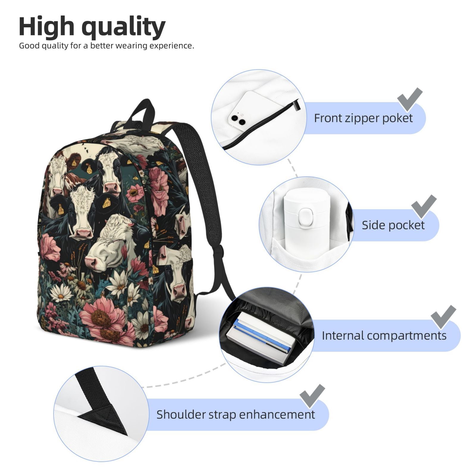 Vsdgher Vintage Sunflower Cow Print Canvas Backpack Travel Rucksack Unisex Knapsack 15.7/17.7Inch Laptop Backpack for Work,College -Medium
