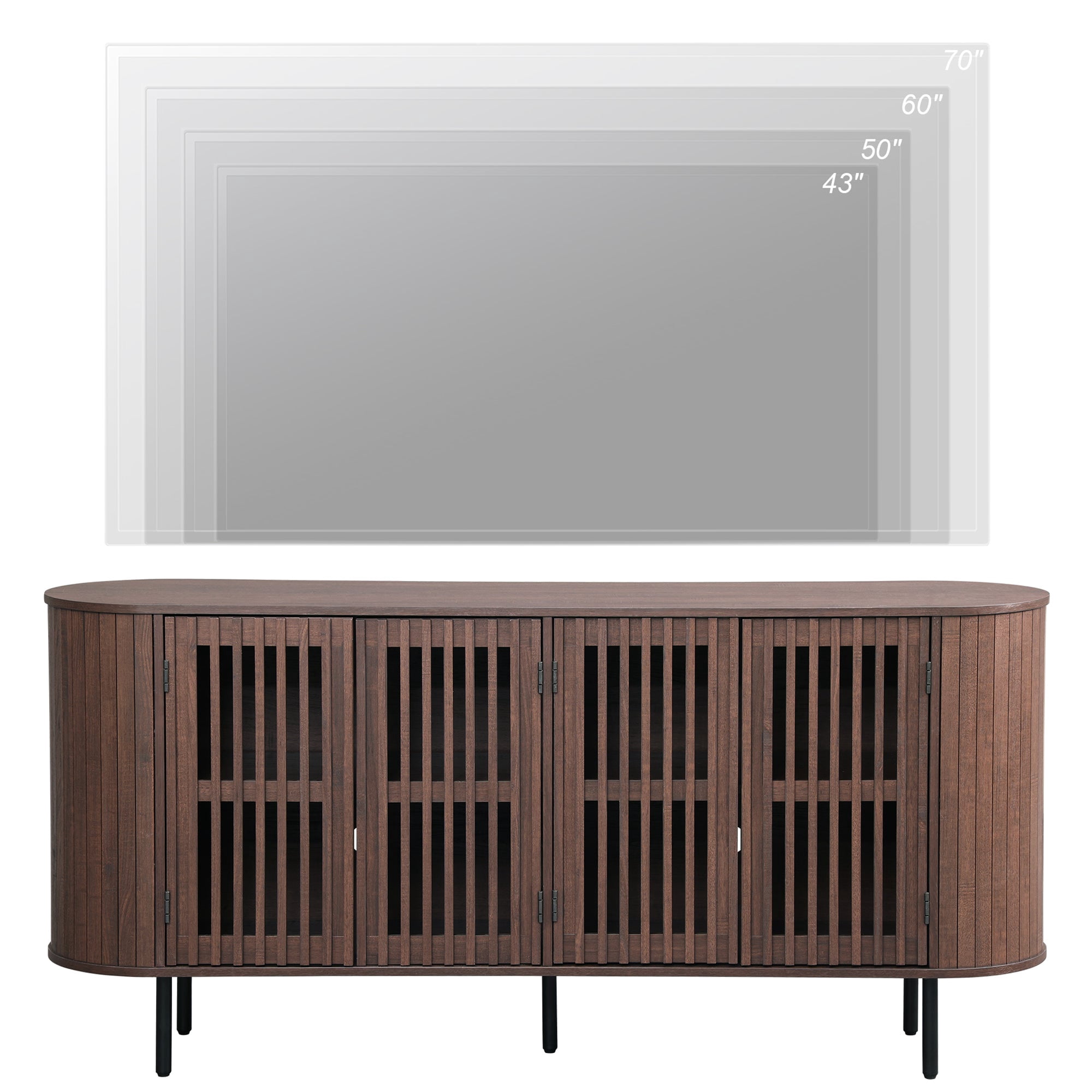 WAMPAT 64" Fluted TV Stand, Mid Century Modern Entertainment Center for 70" TVs, Wood Media Console with Pop-up Doors for Living Room, Bedroom, Walnut