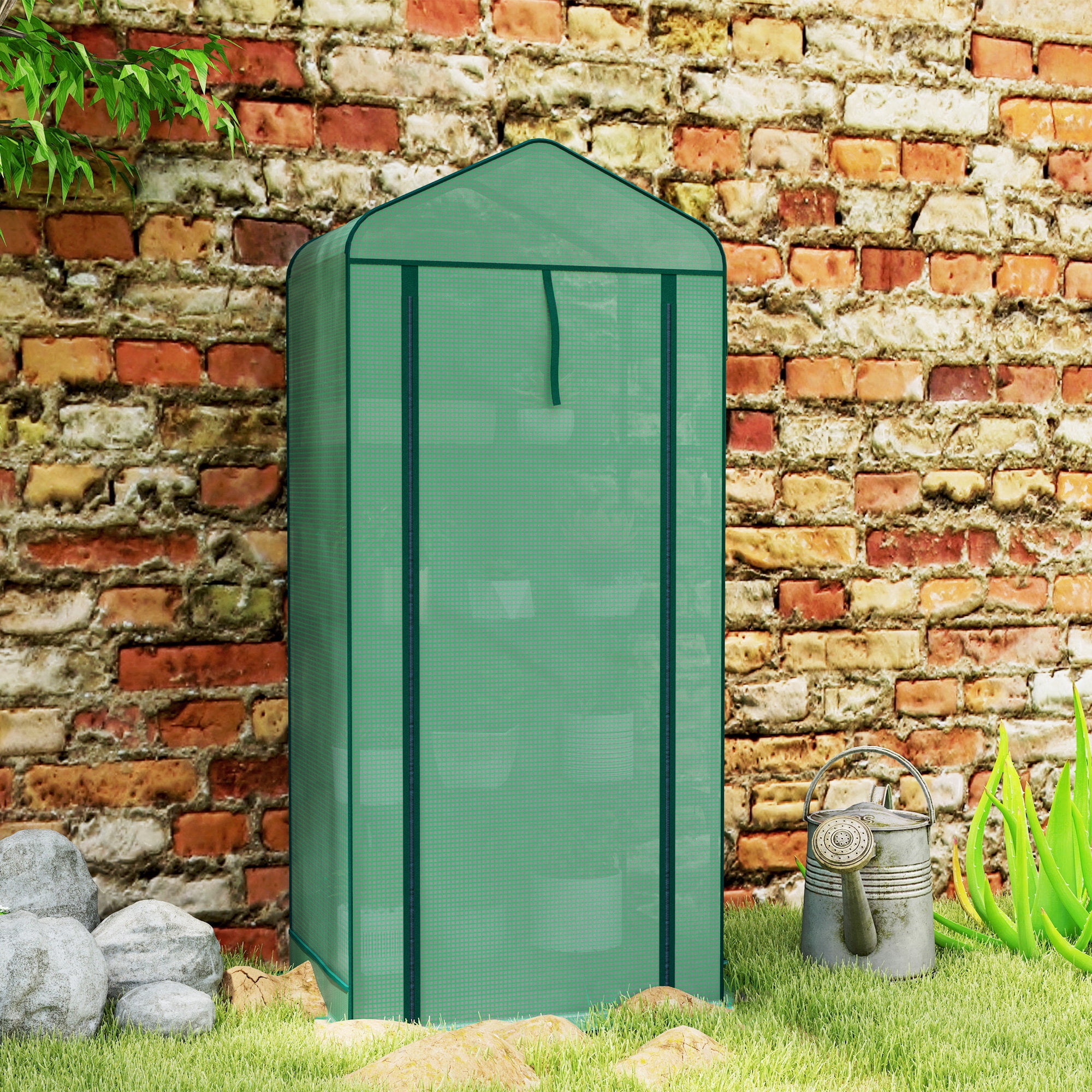 Outsunny 4 Tier Mini Greenhouse with Screen Roof, 27.6" x 19.7" x 62.2", Portable Small Greenhouse with High Strength PE Cover, Green