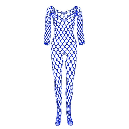 

HTNBO Lace Bodysuit for Women Hollow out Mesh Open Crotch Fishnet Babydoll Sexy Blue One Size