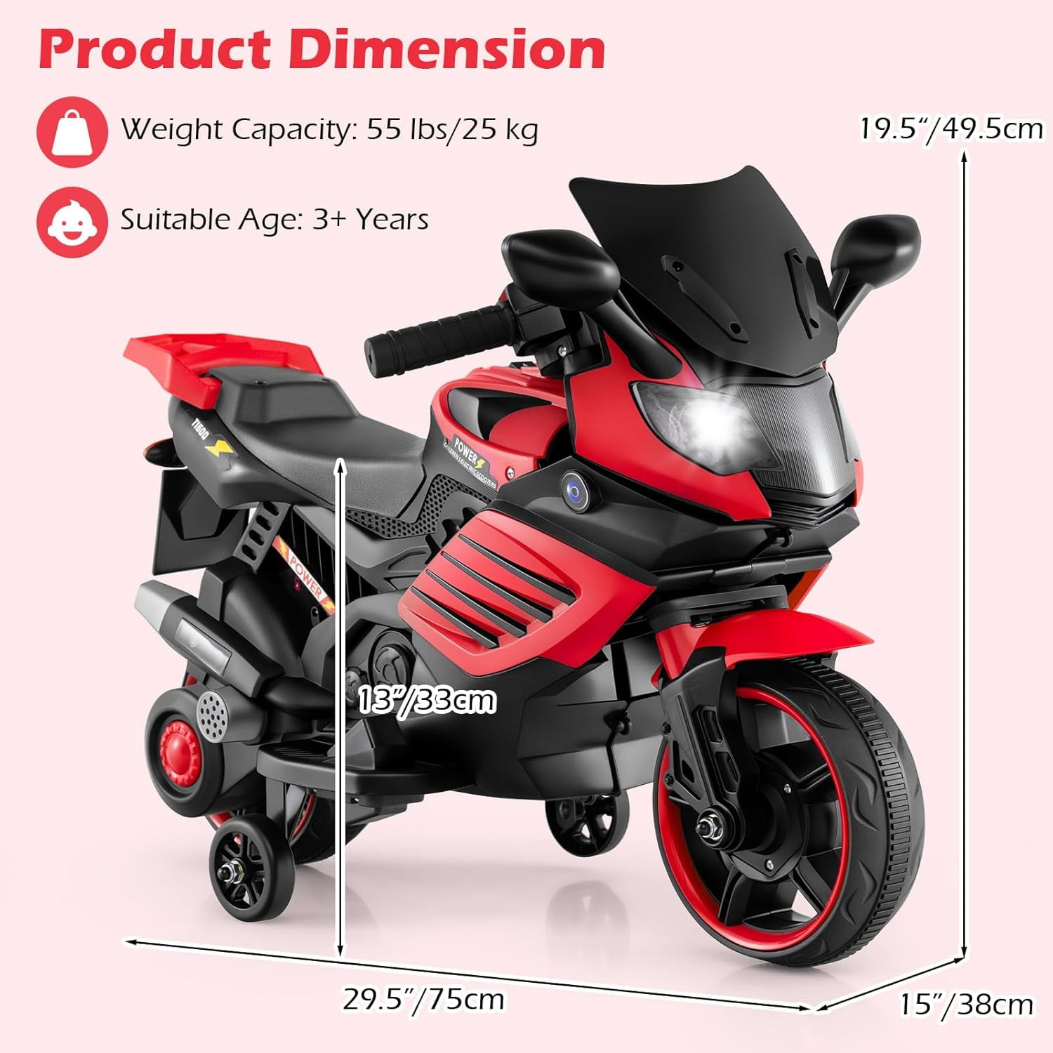 OLAKIDS 6V Kids Motorcycle with Training Wheels, Horn, Music, Headlight for Boys Girls Aged 3+ Years