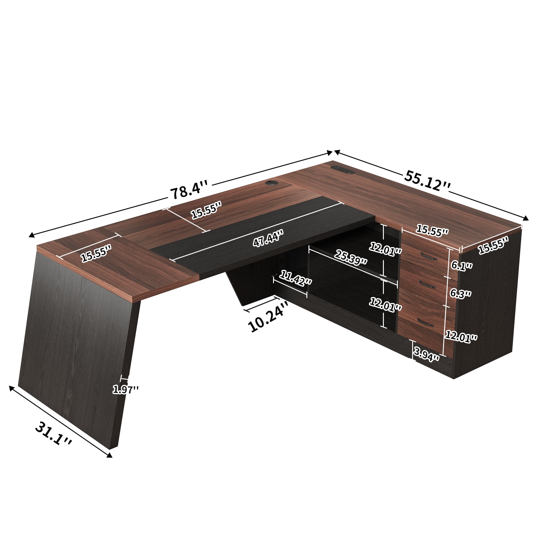 L-Shaped Executive Desk with Power Outlet, 78-Inch Large Office Desk with Storage Drawer and Lateral File Cabinet, Modern Computer Table with Open Shelf and PC Stand for Study, Brown Black