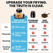 Granitestone 16Qt Large Glass Air Fryer Non Toxic – Family Sized Airfryer Cooker with 3 Cooking Levels, Stainless Steel Racks, Chicken, No Preheat, Self Cleaning, Dishwasher Safe, Black