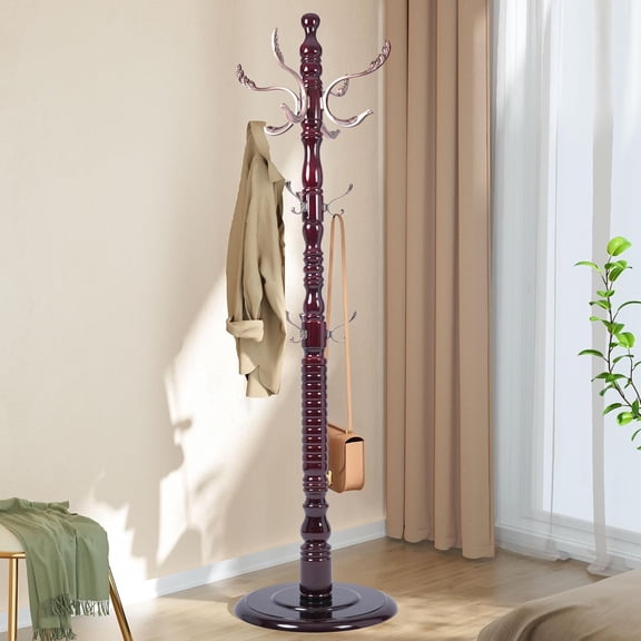 Free Standing Coat Rack with 14 Hooks, Vintage Wooden Coat Tree, Adjustable Height 73 Inches, Retro Coat Stand for Entryway, Living Room, Office & Bedroom (Mahogany) (Metal, 1 PCS)
