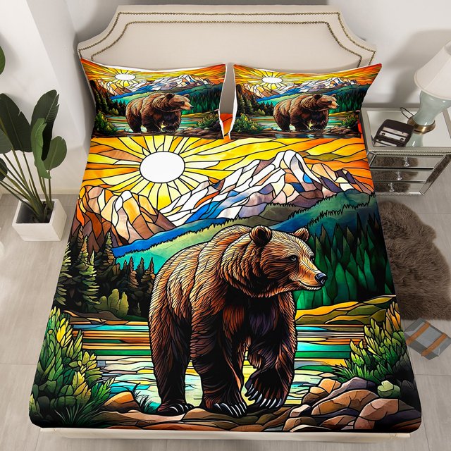 Erosebridal Hunting Bear Fitted Sheet Set Twin, Natural Mountain Jungle Tree Bed Cover, Ultra Soft 2-Piece
