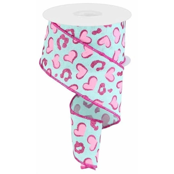 Heart Leopard Spots on Royal Canvas Wired Edge Ribbon - Valentines Day - 10 Yards (Mint, Light Pink, Hot Pink, 2.5")