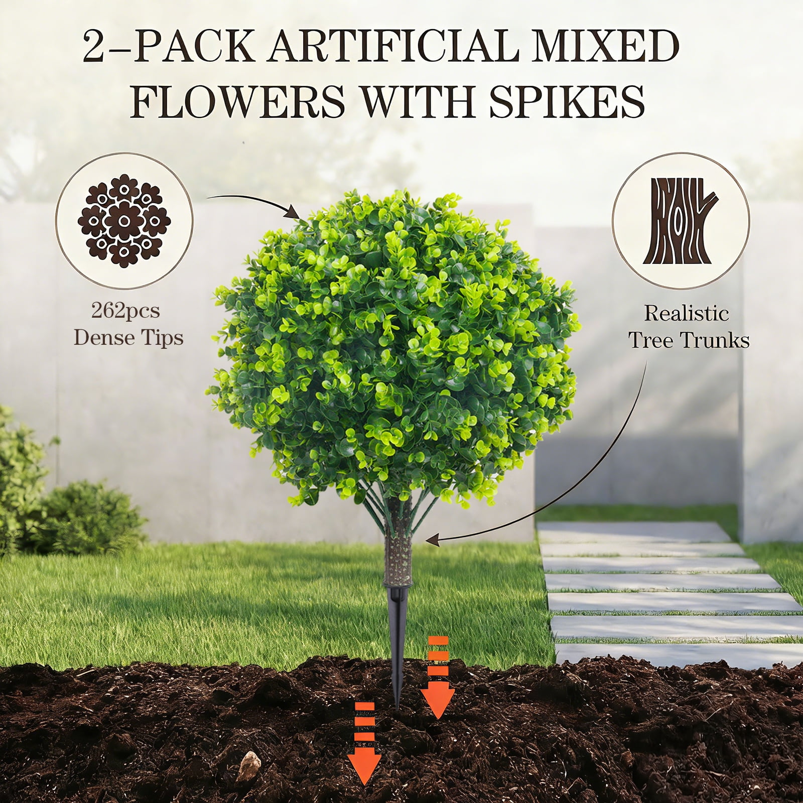 THE BRIVE 21.6 Inch Artificial Green Topiary Ball Trees, 2 Set of UV Resistant Fake Shrubs Bushes Plants with Ground Spike, Fake Plants for Outdoor Indoor Front Porch Garden